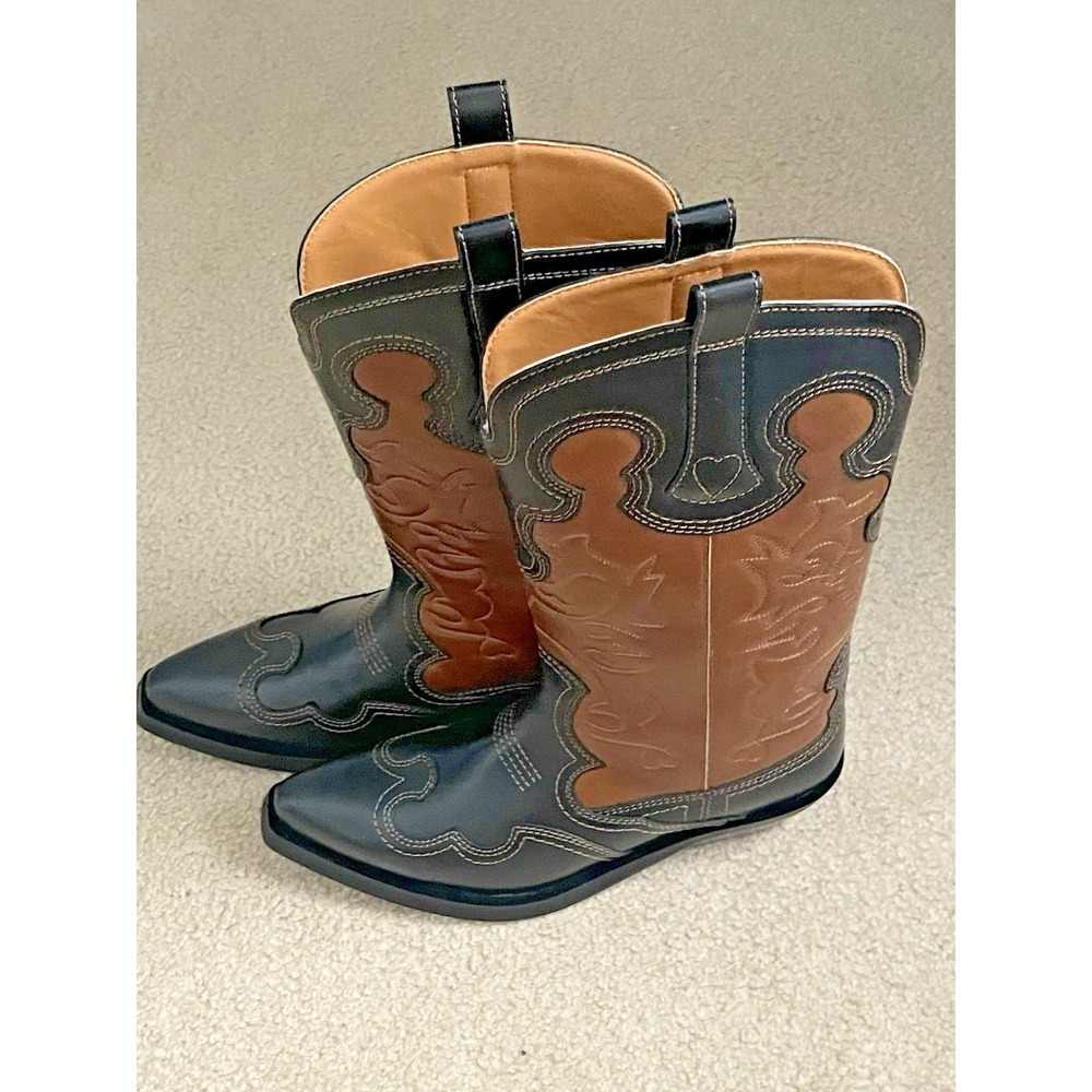 GANNI two-tone Leather Embroidered Western Boots SZ 41 NWOB - Picture 1 of 6